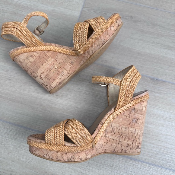 Stuart WEITZMAN minx wedge sandal in camel woven leather beige gold size 8 - Picture 4 of 11